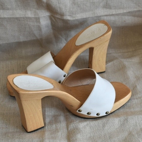 Vtg 90s Nicole Miller for Candies White Leather Wood Heel Slides Sz 8 - Picture 7 of 8